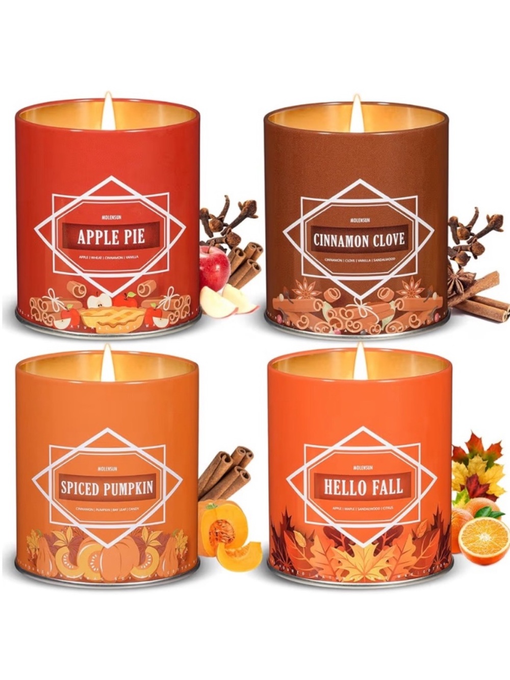 Fall Scented Gift Set 4x9oz Soy Candles Pumpkin Spice, Apple Pie, Cinnamon, Fall